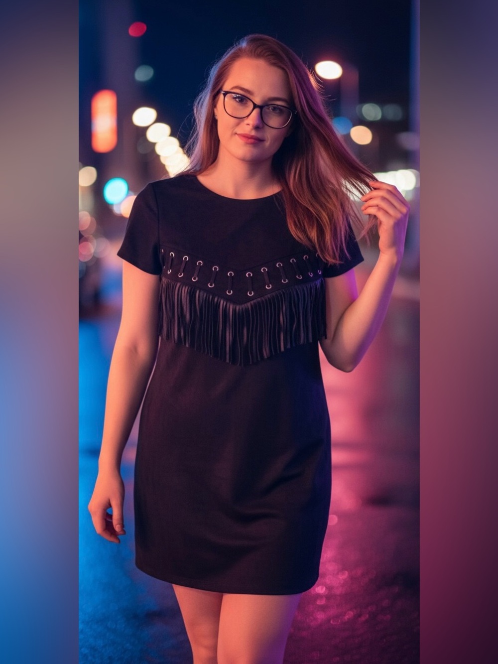 Nicole Miller Black Minidress With Lace & Fringe Detail Size Medium NWT
